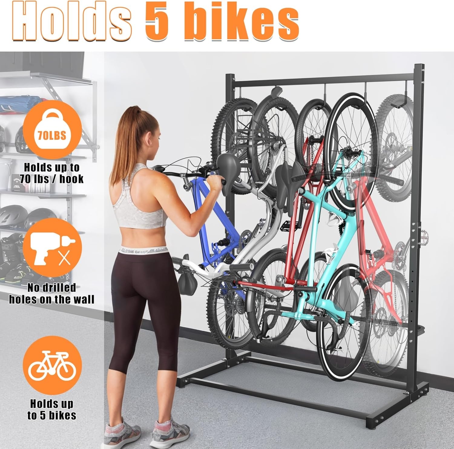 TORACK Garage Freestanding Hanging Bike Stand with Wheels, Heavy Duty Rolling 5 Bikes Vertical Bike Storage Stand Floor Bike Storage Rack(for 5 Bikes)(Bike stand for 5 bikes)