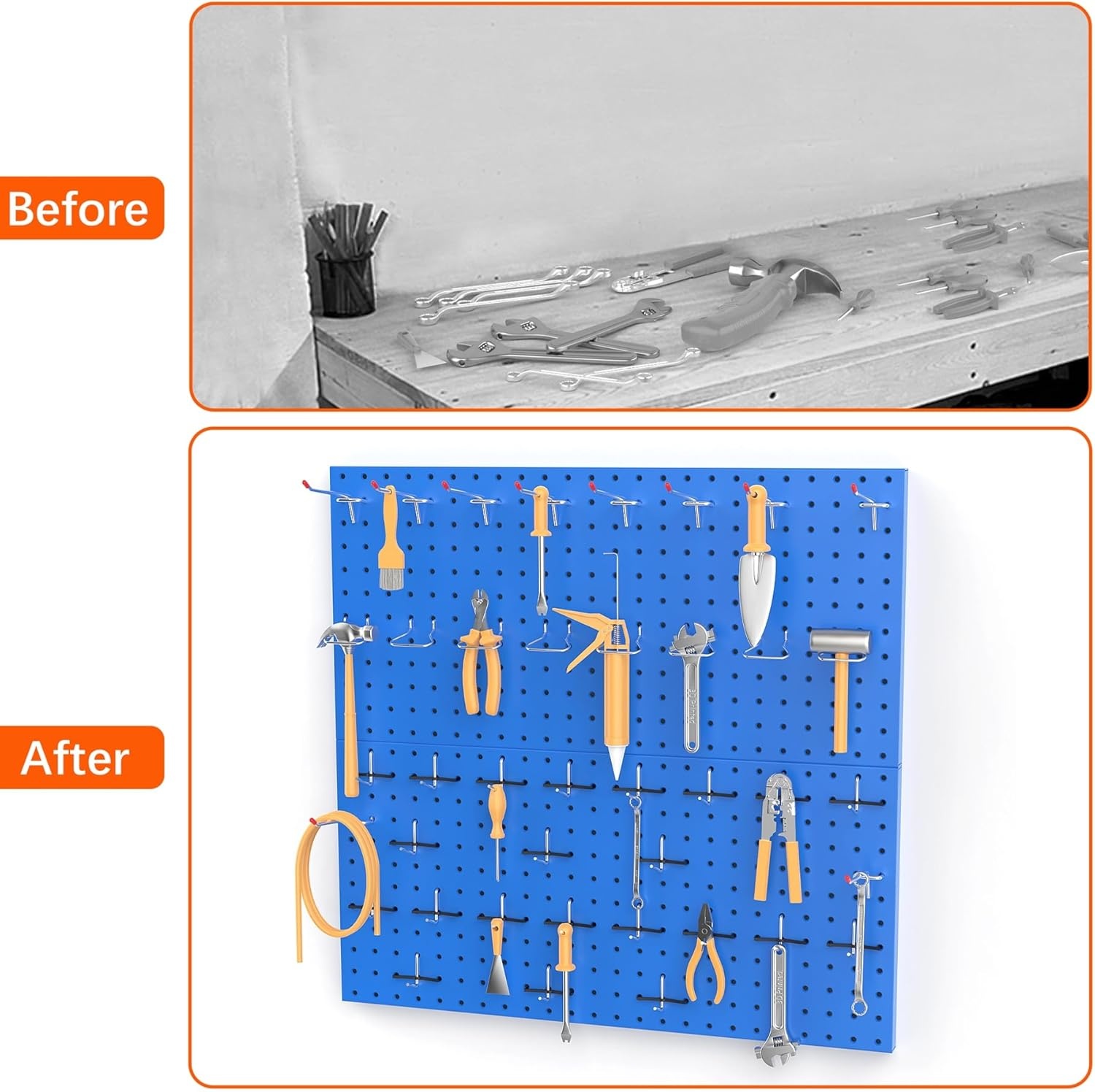 TORACK Metal Pegboard Wall Tool Organizer 24″ x 24″ or 12″ x 48″, 70 PCS Tools Storage Pegboard for Garage Peg Board Tool Organizer Board with Hooks for Workbench(Grey)(Blue)