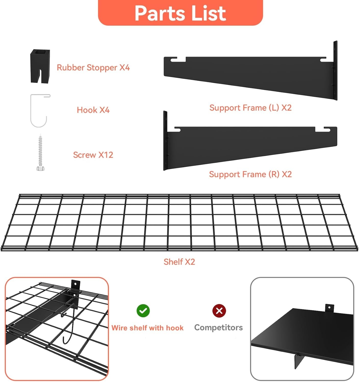 TORACK 2 Pack Wall Mounted Storage Shelves, 23.5″ x 12″ Wall Shelf for Garage, Closet, Laundry Room, Heavy Duty Garage Wall Shelving, Holds Up to 65 lbs(White)(Black)
