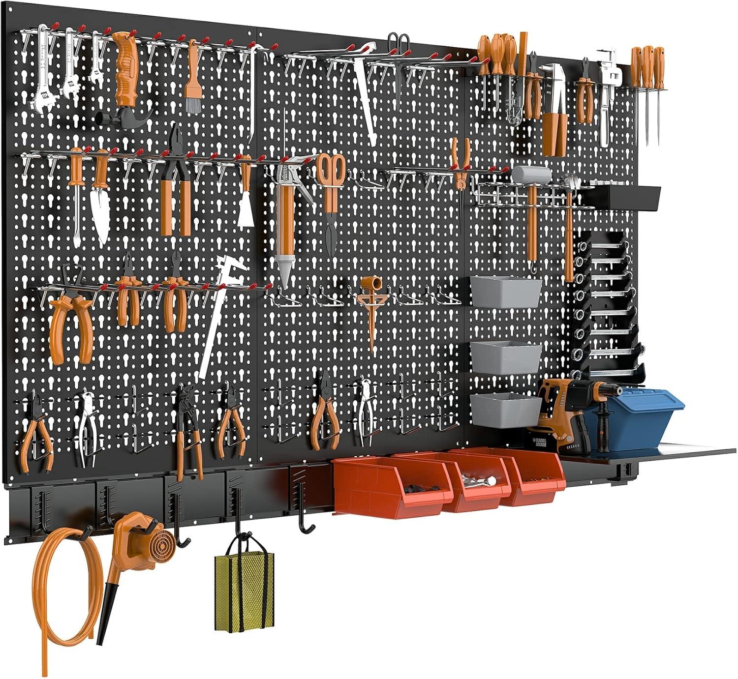TORACK 109 PCS Pegboard Wall Organizer 4 ft. Garage Metal Pegboard Utility Tool Storage Kit w/Toolboard Hooks & Pegboard Hooks Accessories, Wall Mounted Storage Bins & Shelf(Black)