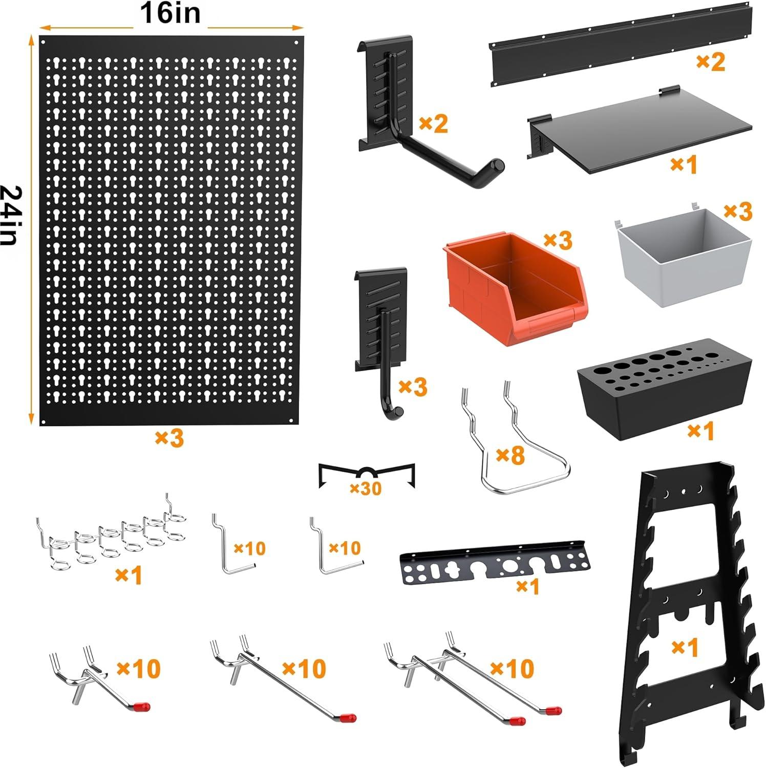 TORACK 109 PCS Pegboard Wall Organizer 4 ft. Garage Metal Pegboard Utility Tool Storage Kit w/Toolboard Hooks & Pegboard Hooks Accessories, Wall Mounted Storage Bins & Shelf(Black)