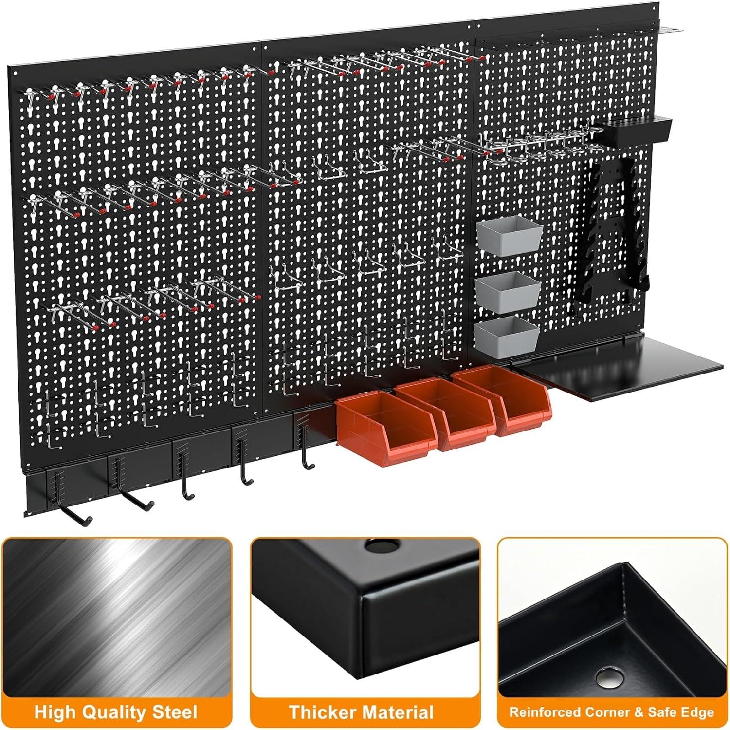 TORACK 109 PCS Pegboard Wall Organizer 4 ft. Garage Metal Pegboard Utility Tool Storage Kit w/Toolboard Hooks & Pegboard Hooks Accessories, Wall Mounted Storage Bins & Shelf(Black)
