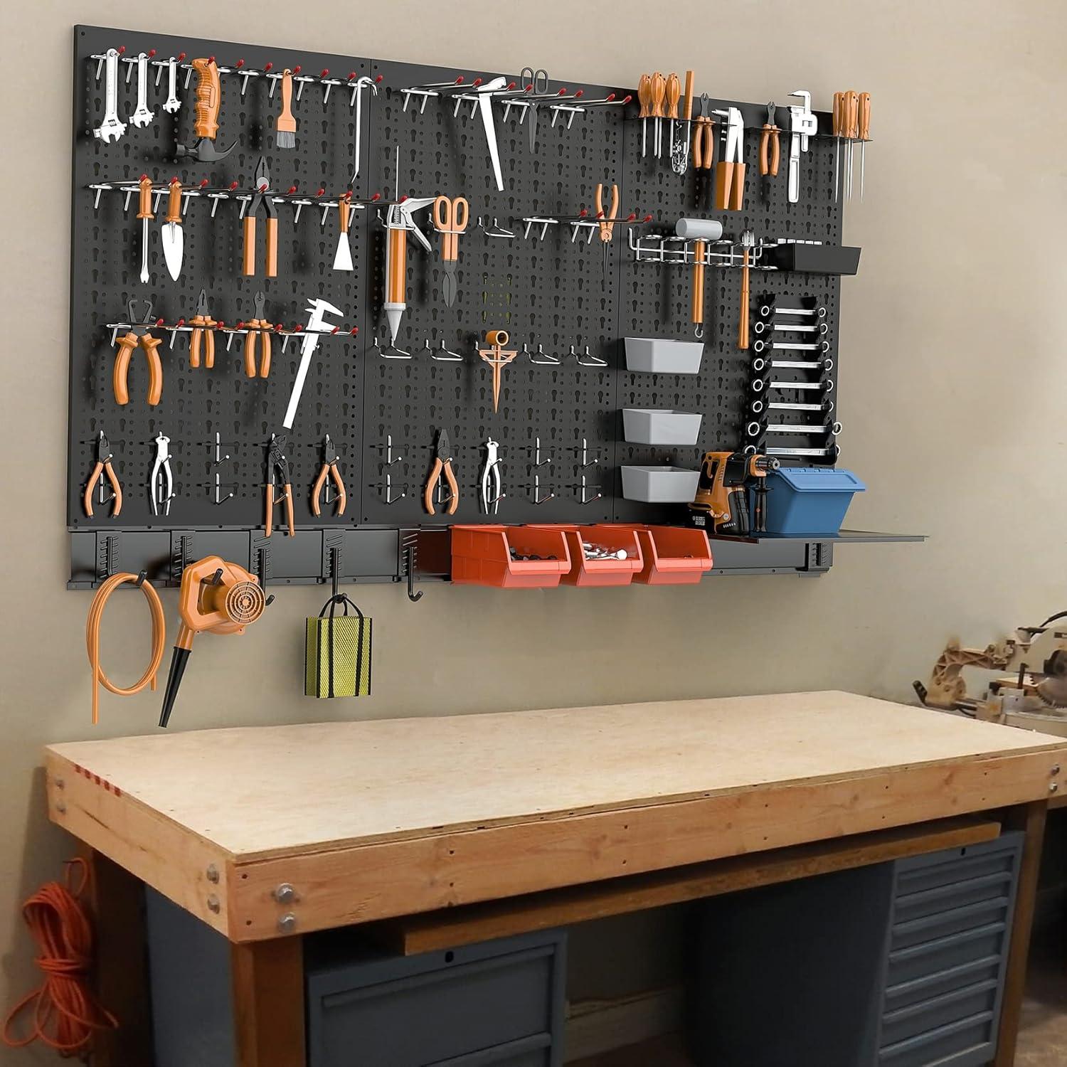 TORACK 109 PCS Pegboard Wall Organizer 4 ft. Garage Metal Pegboard Utility Tool Storage Kit w/Toolboard Hooks & Pegboard Hooks Accessories, Wall Mounted Storage Bins & Shelf(Black)