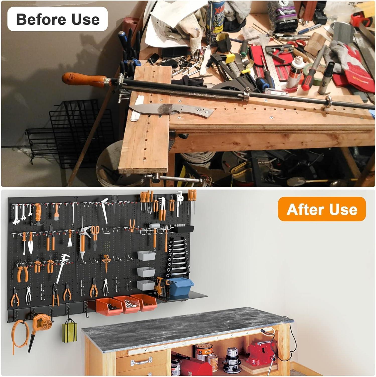 TORACK 109 PCS Pegboard Wall Organizer 4 ft. Garage Metal Pegboard Utility Tool Storage Kit w/Toolboard Hooks & Pegboard Hooks Accessories, Wall Mounted Storage Bins & Shelf(Black)