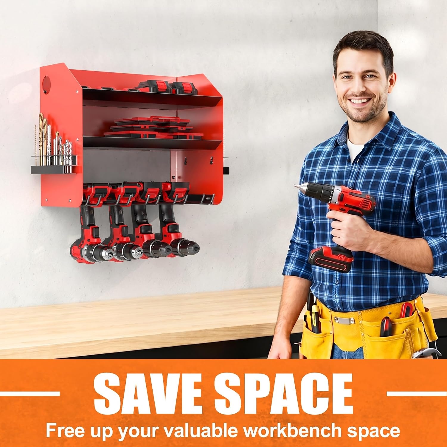 TORACK Power Tool Organizer Wall Mount, Cordless Drill Holder with 4 Drill Slots and 2 Storage Shelves, Heavy-Duty Power Tool Storage Rack for Garage and Workshop