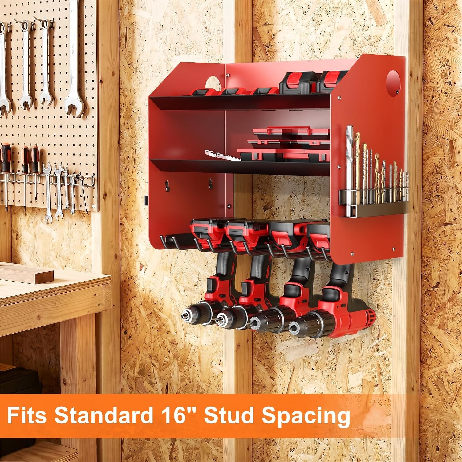TORACK Power Tool Organizer Wall Mount, Cordless Drill Holder with 4 Drill Slots and 2 Storage Shelves, Heavy-Duty Power Tool Storage Rack for Garage and Workshop