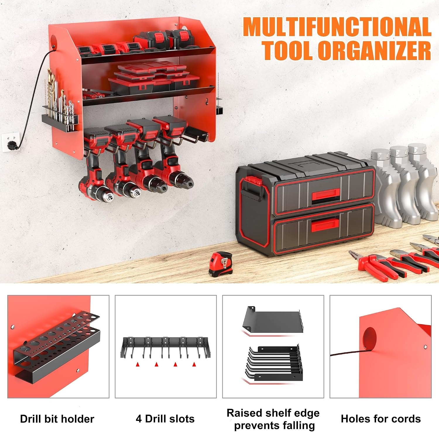 TORACK Power Tool Organizer Wall Mount, Cordless Drill Holder with 4 Drill Slots and 2 Storage Shelves, Heavy-Duty Power Tool Storage Rack for Garage and Workshop