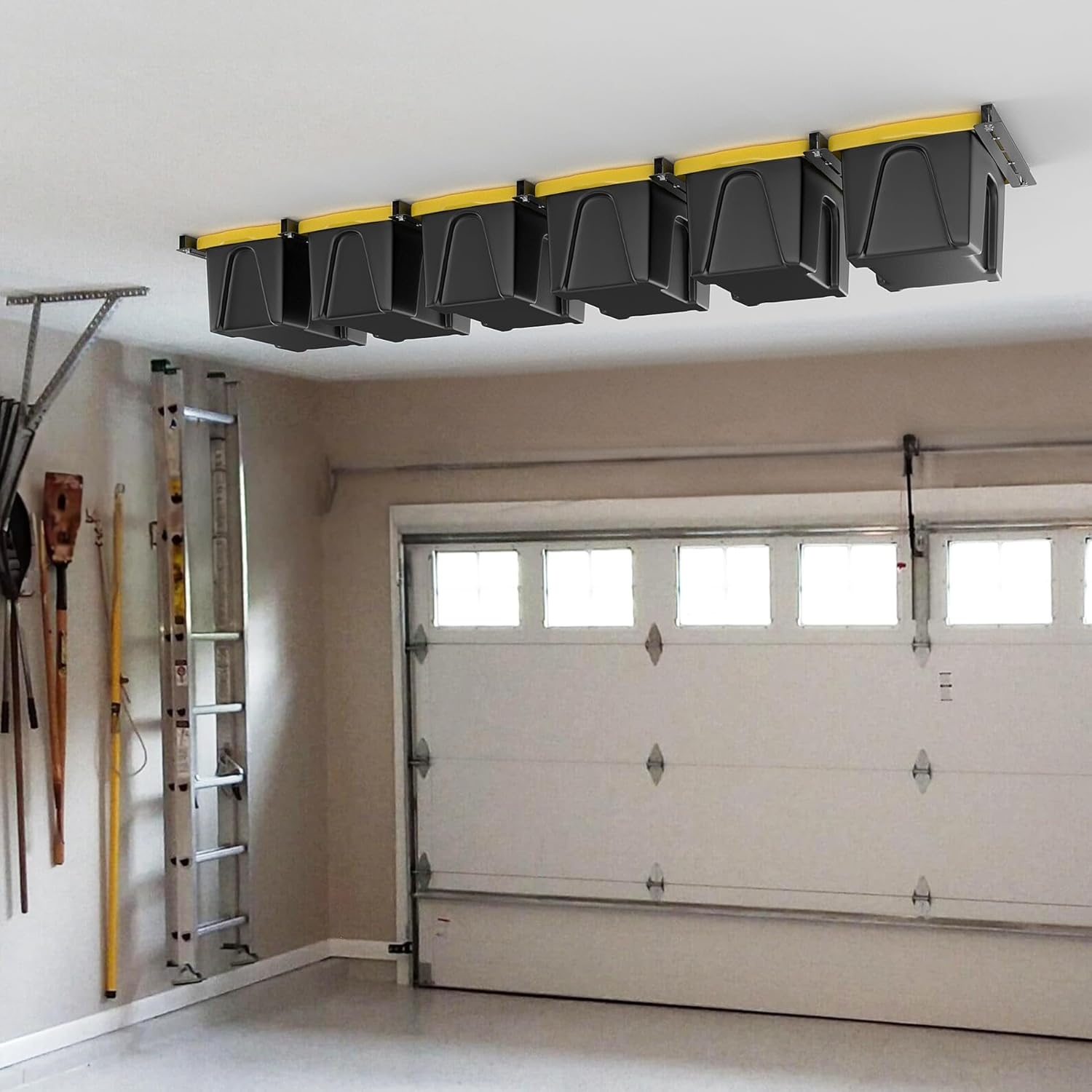 TORACK Garage Ceiling Bin Storage Rack, Adjustable Heavy Duty Overhead Tote Storage Rail System(for 5 Bins, Bins are not included)(for 6 bins)