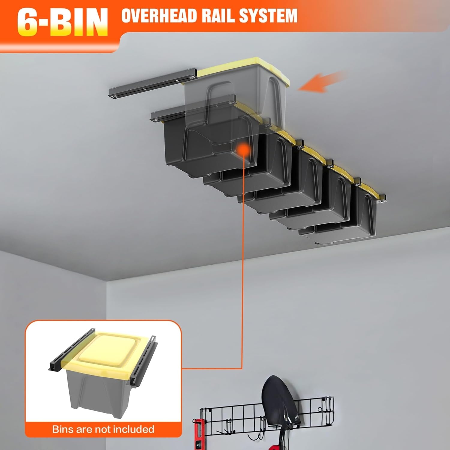 TORACK Garage Ceiling Bin Storage Rack, Adjustable Heavy Duty Overhead Tote Storage Rail System(for 5 Bins, Bins are not included)(for 6 bins)