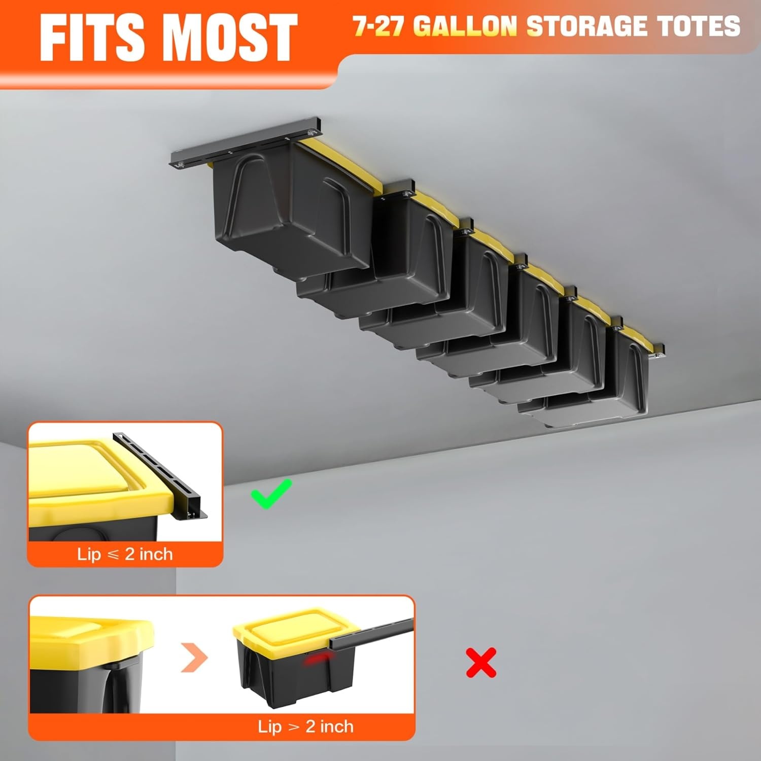 TORACK Garage Ceiling Bin Storage Rack, Adjustable Heavy Duty Overhead Tote Storage Rail System(for 5 Bins, Bins are not included)(for 6 bins)