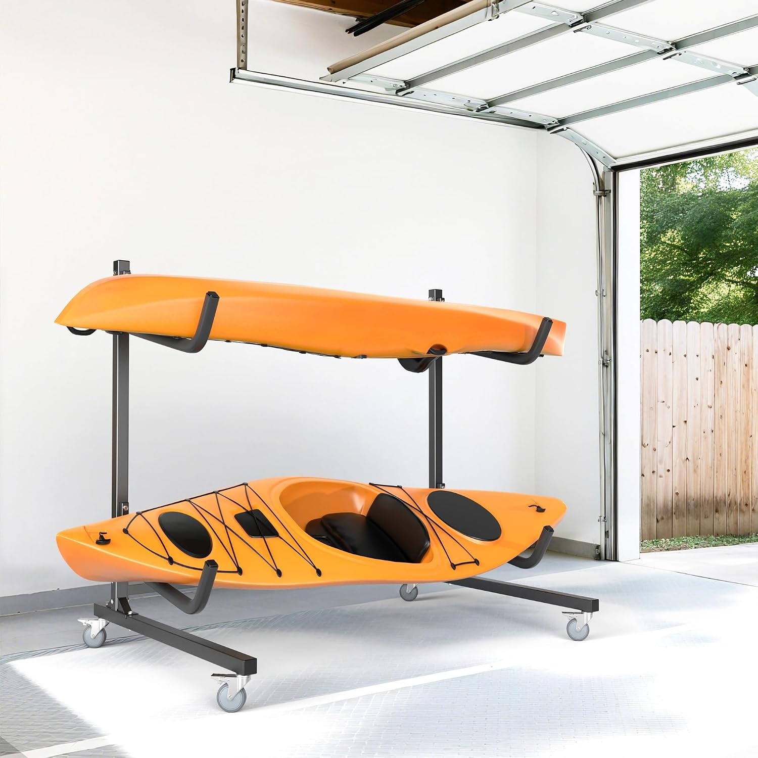 TORACK Heavy-Duty Rolling Kayak Rack, Freestanding Kayak Storage Stand, Garage Kayak Holder with Wheels(2-tier Rolling)