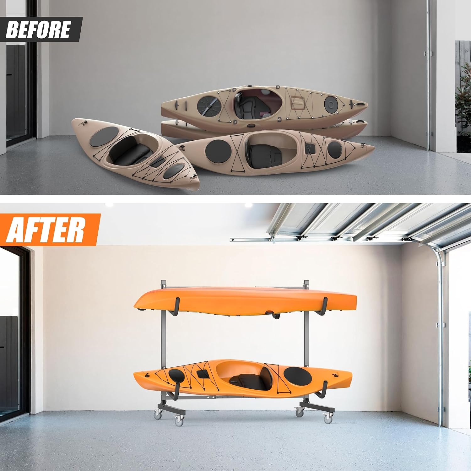 TORACK Heavy-Duty Rolling Kayak Rack, Freestanding Kayak Storage Stand, Garage Kayak Holder with Wheels(2-tier Rolling)