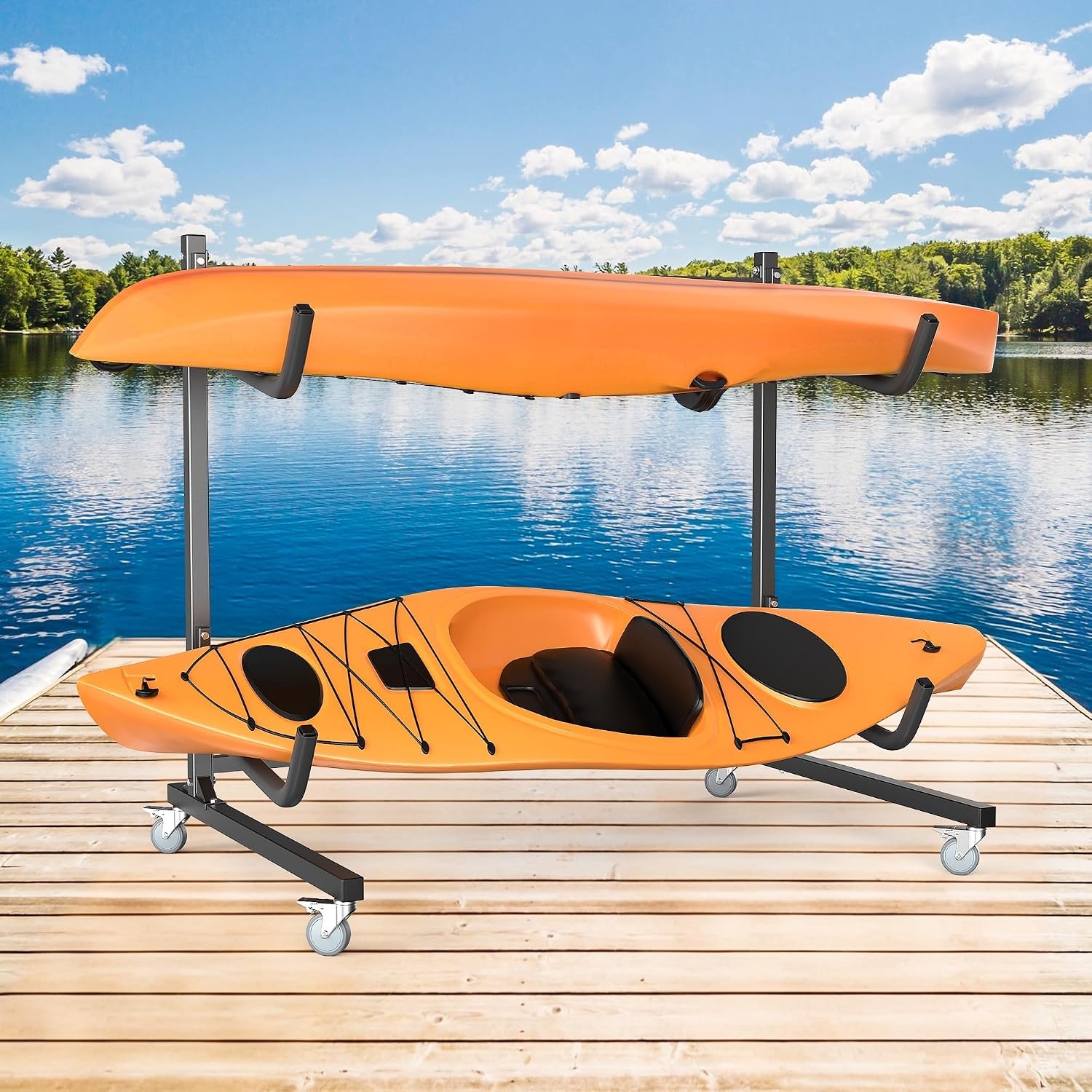 TORACK Heavy-Duty Rolling Kayak Rack, Freestanding Kayak Storage Stand, Garage Kayak Holder with Wheels(2-tier Rolling)