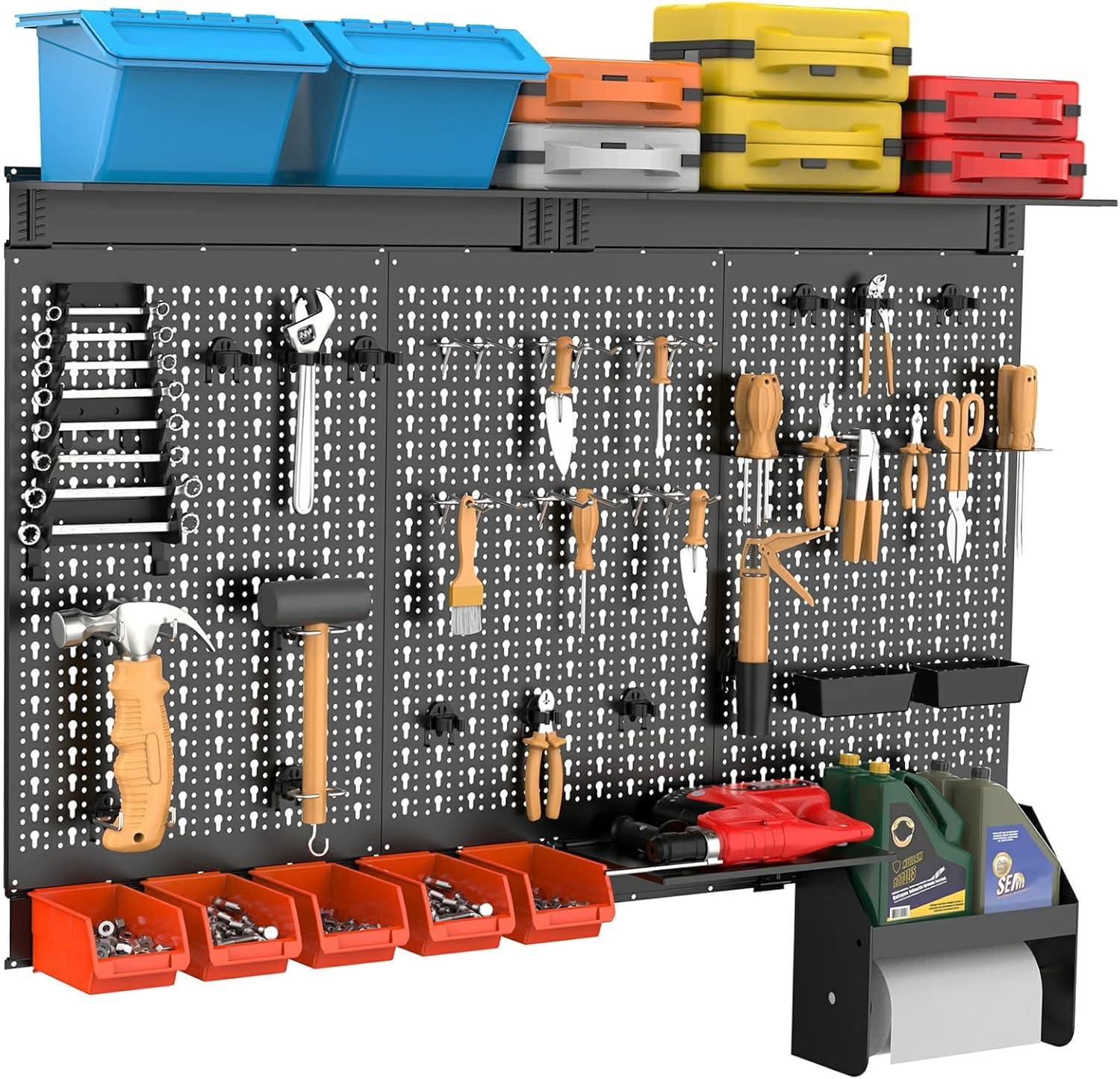 TORACK Pegboard Wall Organizer 4 ft. Garage Metal Pegboard Tool Organizer System, Tools Storage Peg Board Kit with Hooks and Accessories, Wall Mounted Storage Bins, Overhead Shelves(Black)