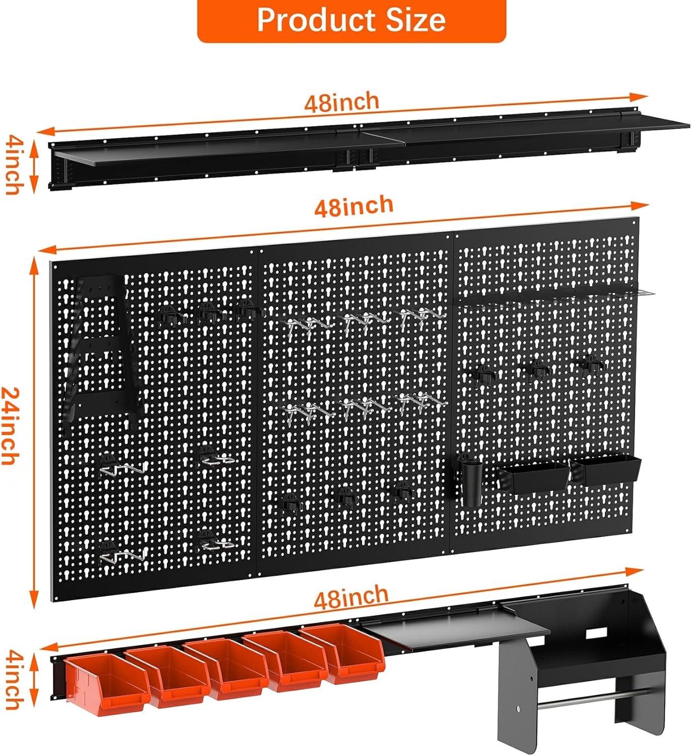 TORACK Pegboard Wall Organizer 4 ft. Garage Metal Pegboard Tool Organizer System, Tools Storage Peg Board Kit with Hooks and Accessories, Wall Mounted Storage Bins, Overhead Shelves(Black)