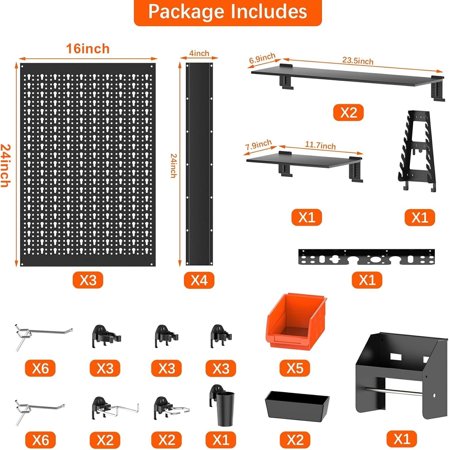 TORACK Pegboard Wall Organizer 4 ft. Garage Metal Pegboard Tool Organizer System, Tools Storage Peg Board Kit with Hooks and Accessories, Wall Mounted Storage Bins, Overhead Shelves(Black)