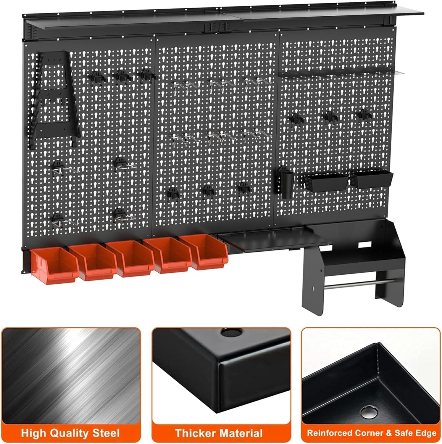 TORACK Pegboard Wall Organizer 4 ft. Garage Metal Pegboard Tool Organizer System, Tools Storage Peg Board Kit with Hooks and Accessories, Wall Mounted Storage Bins, Overhead Shelves(Black)