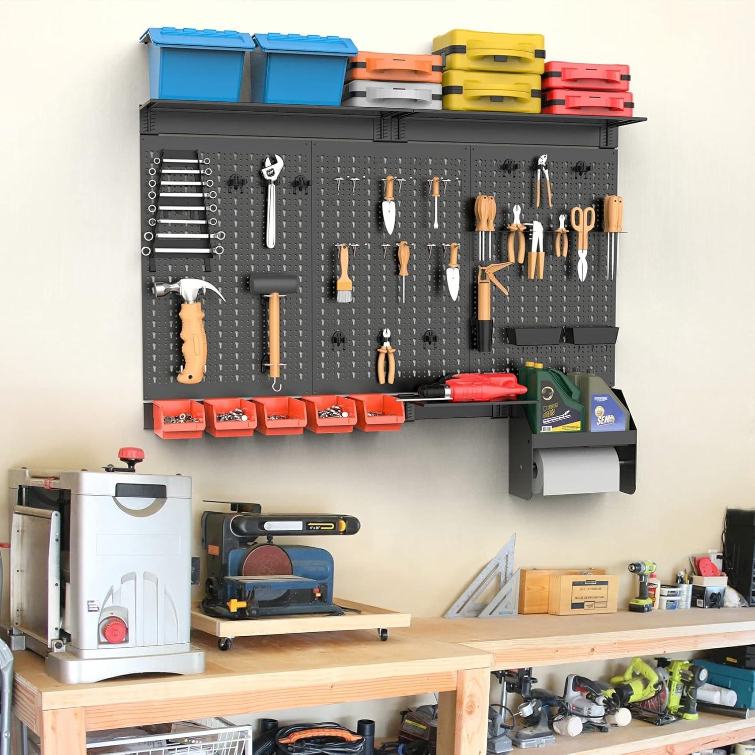 TORACK Pegboard Wall Organizer 4 ft. Garage Metal Pegboard Tool Organizer System, Tools Storage Peg Board Kit with Hooks and Accessories, Wall Mounted Storage Bins, Overhead Shelves(Black)