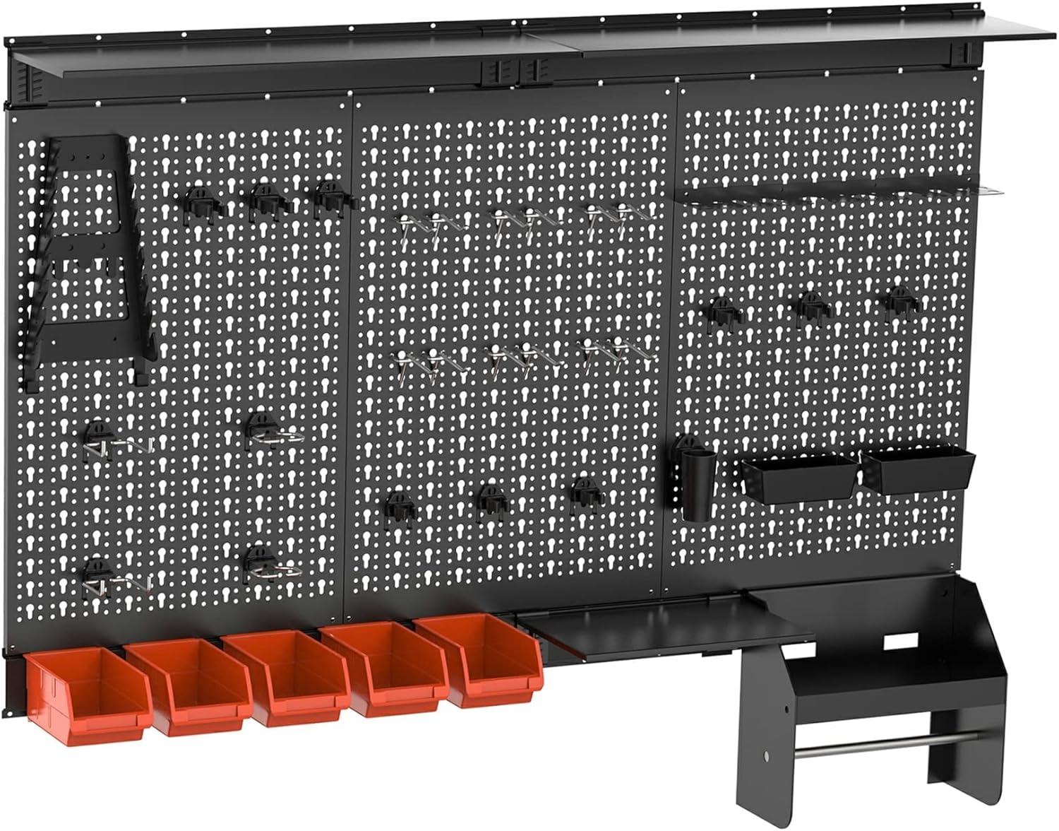 TORACK Pegboard Wall Organizer 4 ft. Garage Metal Pegboard Tool Organizer System, Tools Storage Peg Board Kit with Hooks and Accessories, Wall Mounted Storage Bins, Overhead Shelves(Black)