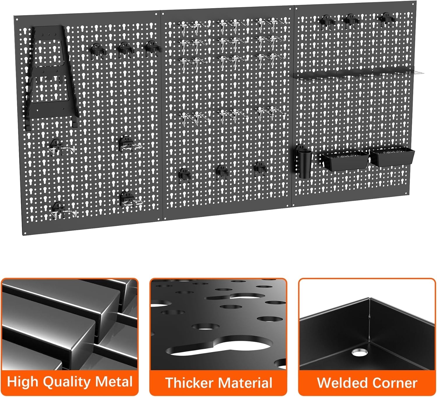 TORACK 3 PCS Metal Pegboard Panels(16×24 inch) for Wall Garage Tools Storage Pegboard for Workbench, Modular Peg Board Tool Organizer Board Kit(Pack of 3, Grey)(Black)