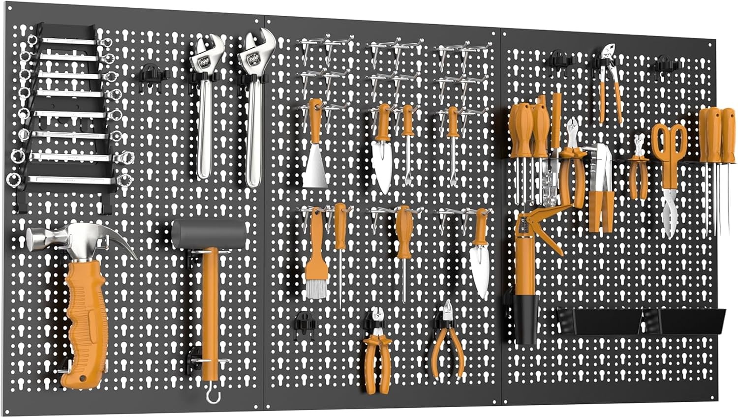 TORACK 3 PCS Metal Pegboard Panels(16×24 inch) for Wall Garage Tools Storage Pegboard for Workbench, Modular Peg Board Tool Organizer Board Kit(Pack of 3, Grey)(Black)