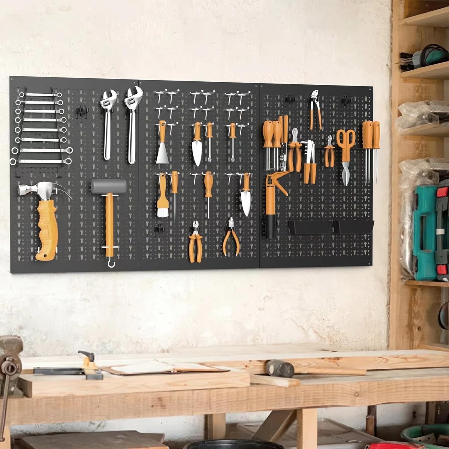 TORACK 3 PCS Metal Pegboard Panels(16×24 inch) for Wall Garage Tools Storage Pegboard for Workbench, Modular Peg Board Tool Organizer Board Kit(Pack of 3, Grey)(Black)