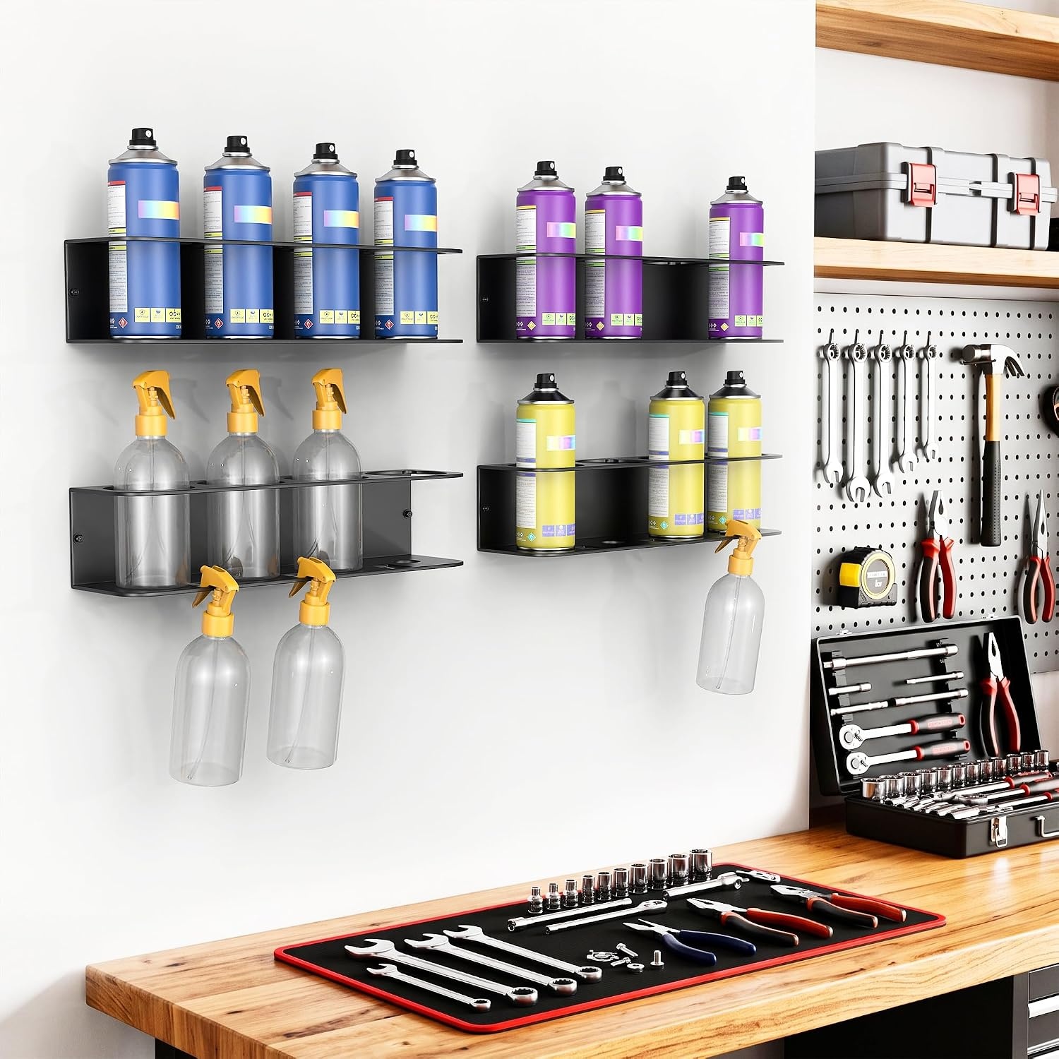 TORACK Spray Bottle Holder Wall Mount, 2-Pack Spray Can Organizer Rack for Garage, Workshop & Utility Room, Aerosol Can Storage Holder(for 16 cans)