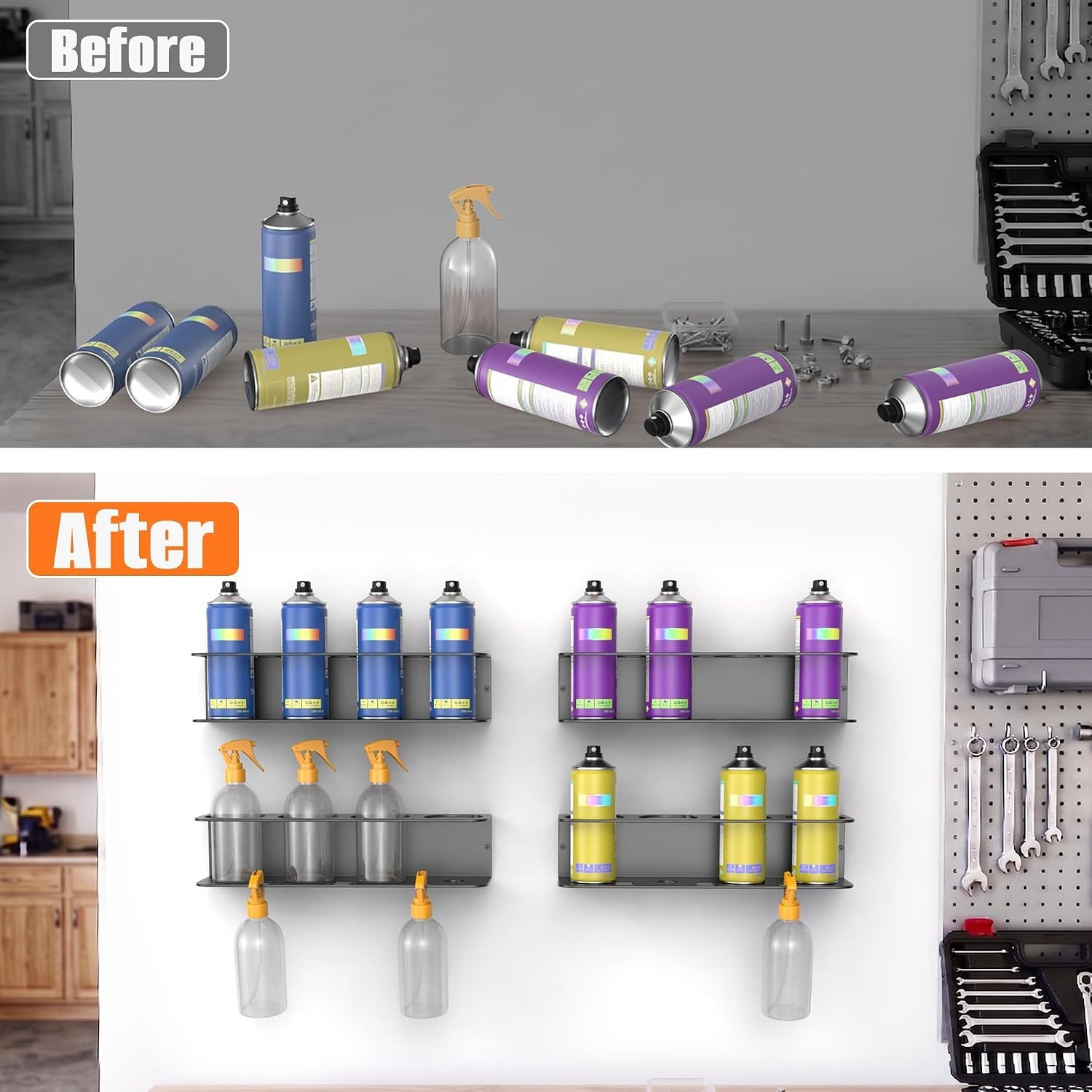 TORACK Spray Bottle Holder Wall Mount, 2-Pack Spray Can Organizer Rack for Garage, Workshop & Utility Room, Aerosol Can Storage Holder(for 16 cans)