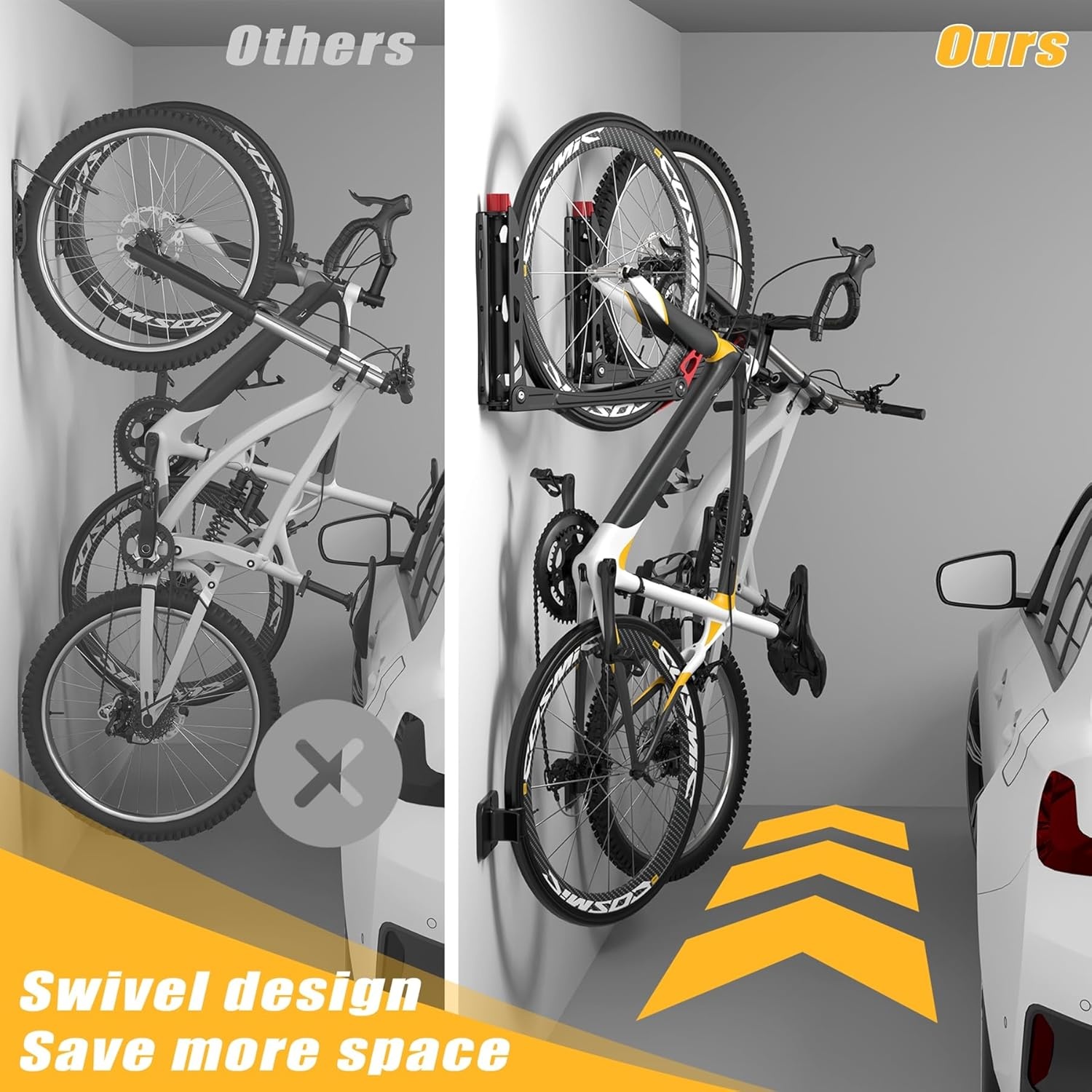 TORACK BIKEPAL No Lifting Swivel Bike Racks, Space Saving Wall Mounted Bike Holder for Garage, Bike Wall Hangers for Vertical Bike Storage (4 Pack)(2-Pack)