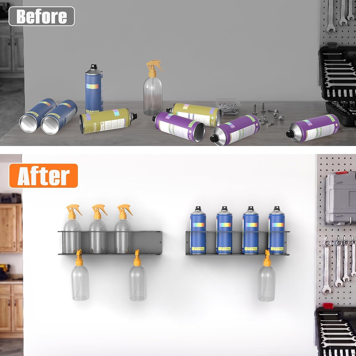 TORACK Spray Bottle Holder Wall Mount, 2-Pack Spray Can Organizer Rack for Garage, Workshop & Utility Room, Aerosol Can Storage Holder(for 8 cans)