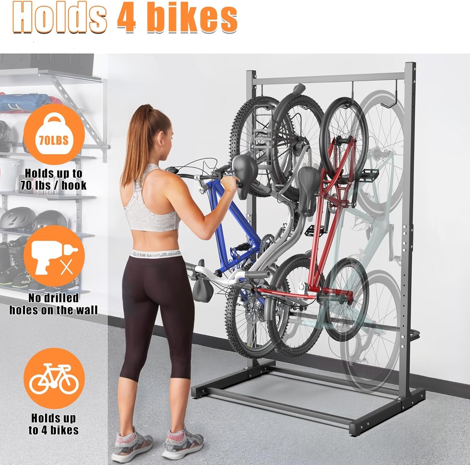 TORACK Freestanding Bike Storage Stand for Garage, Heavy Duty 7 Bikes and 7 Helmets Vertical Bike Storage Stand Floor Bikes Storage Rack(Stand for 4 bikes)