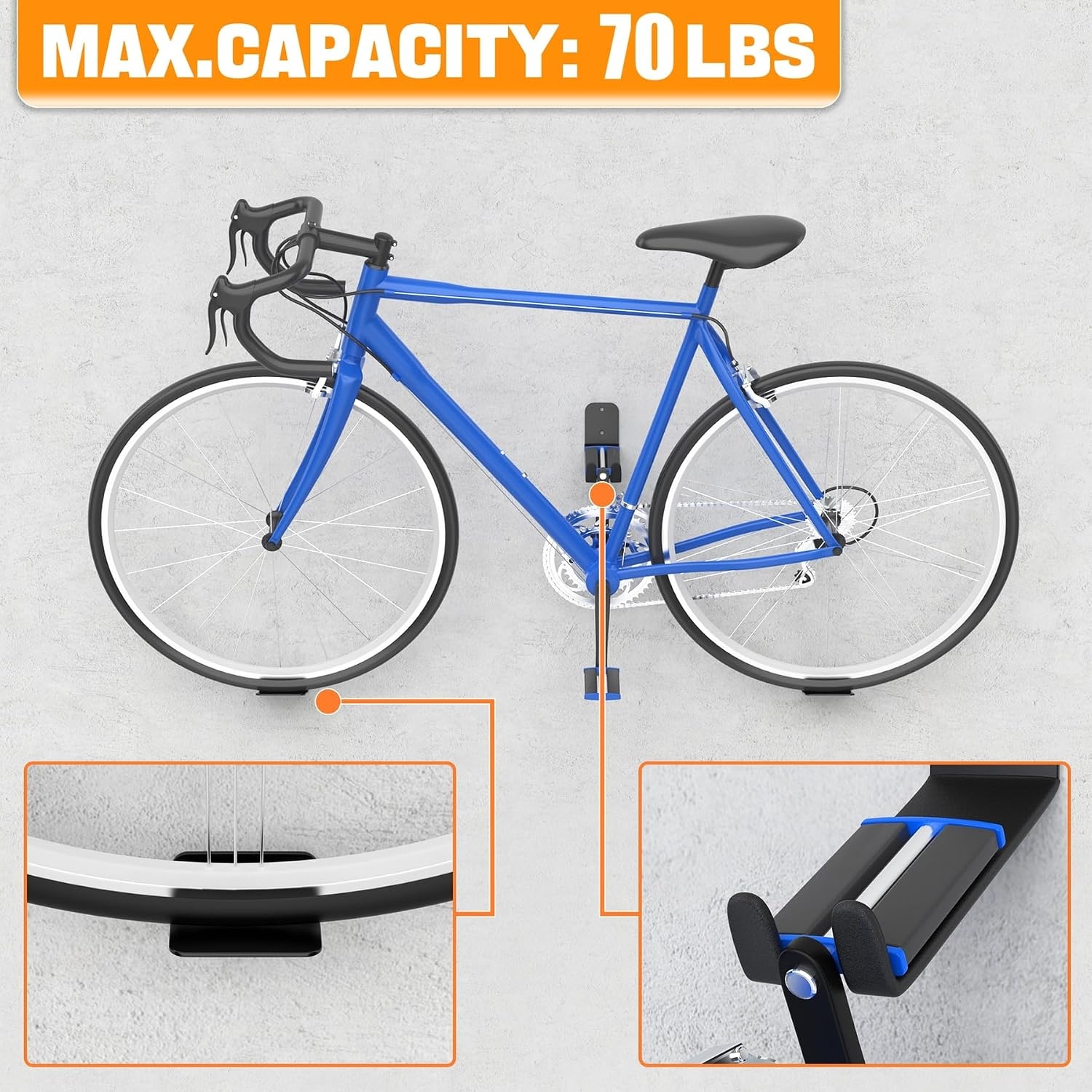 TORACK Wall-mounted Bike Pedal Hanger, Heavy Duty Garage Wall Horizontal Bike Rack, Bike Display Stand for Wall, Holds Up to 70 lbs(Pack of 2)(3 Pack)