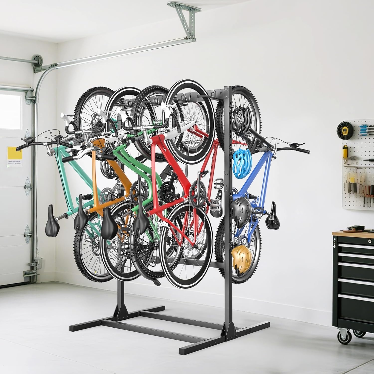 TORACK Freestanding Bike Storage Stand for Garage, Heavy Duty 7 Bikes and 7 Helmets Vertical Bike Storage Stand Floor Bikes Storage Rack(Stand for 7 bikes)