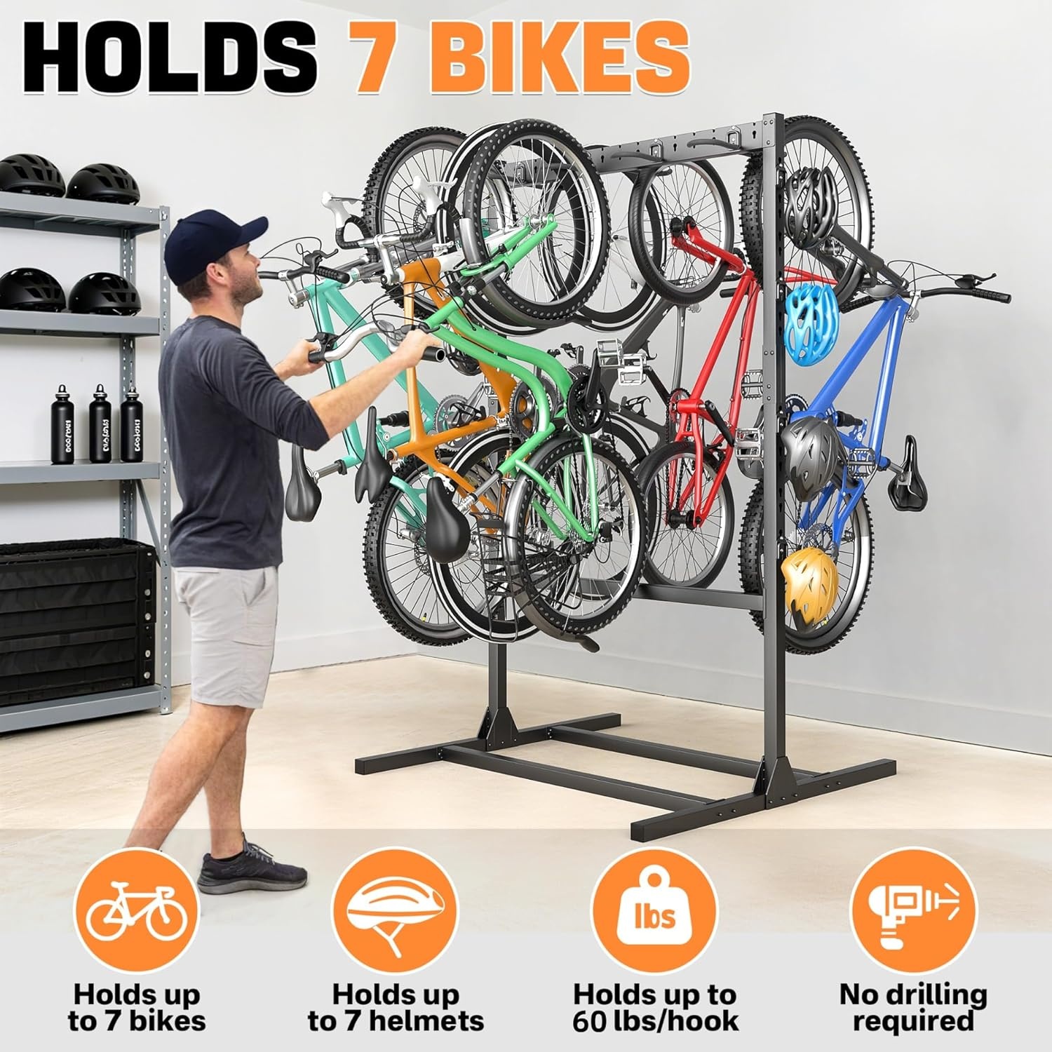 TORACK Freestanding Bike Storage Stand for Garage, Heavy Duty 7 Bikes and 7 Helmets Vertical Bike Storage Stand Floor Bikes Storage Rack(Stand for 7 bikes)