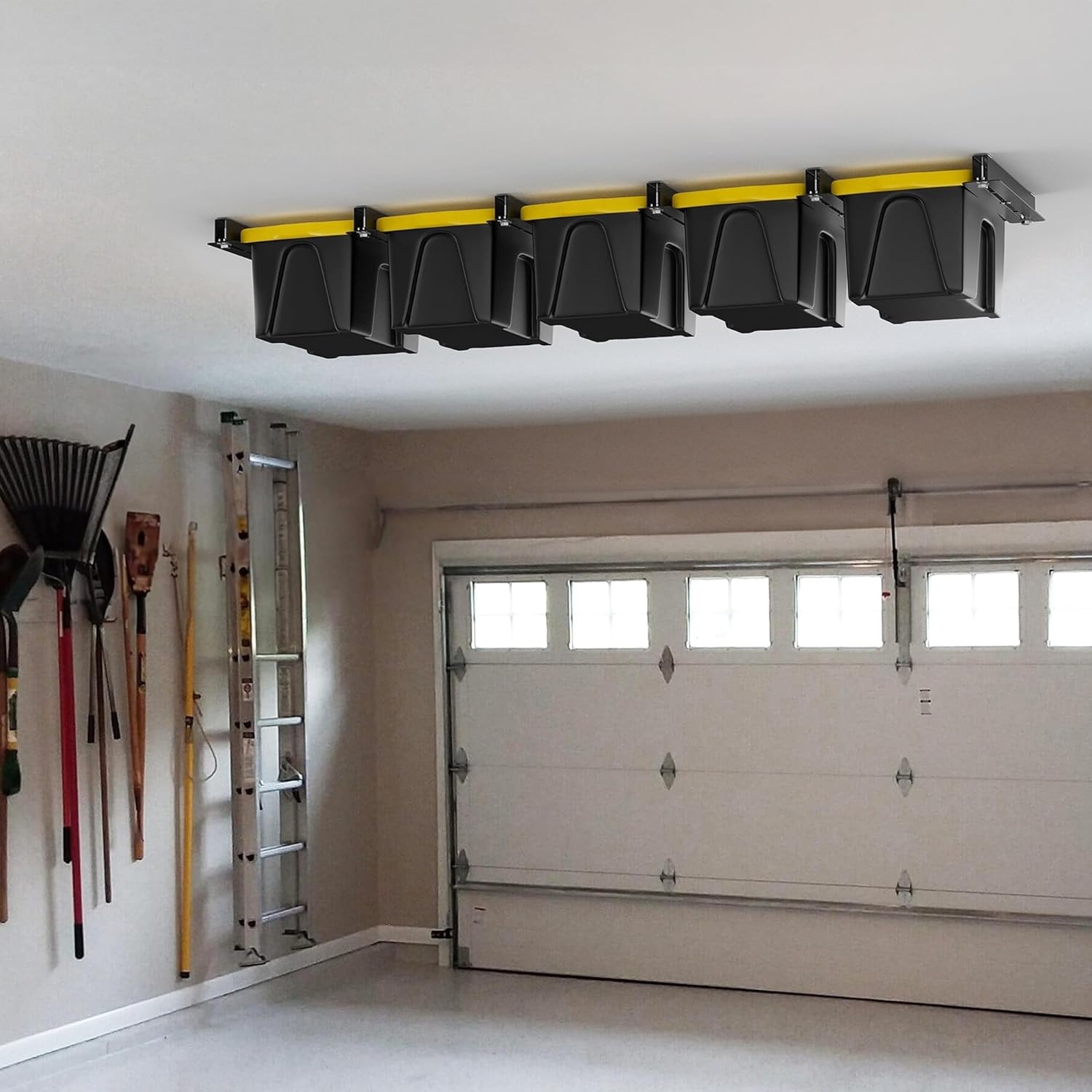 TORACK Garage Ceiling Bin Storage Rack, Adjustable Heavy Duty Overhead Tote Storage Rail System(for 5 Bins, Bins are not included)(for 5 bins)
