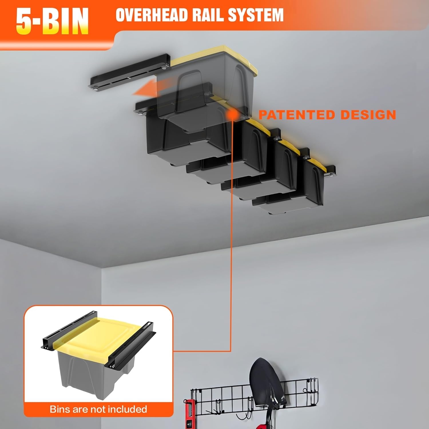 TORACK Garage Ceiling Bin Storage Rack, Adjustable Heavy Duty Overhead Tote Storage Rail System(for 5 Bins, Bins are not included)(for 5 bins)