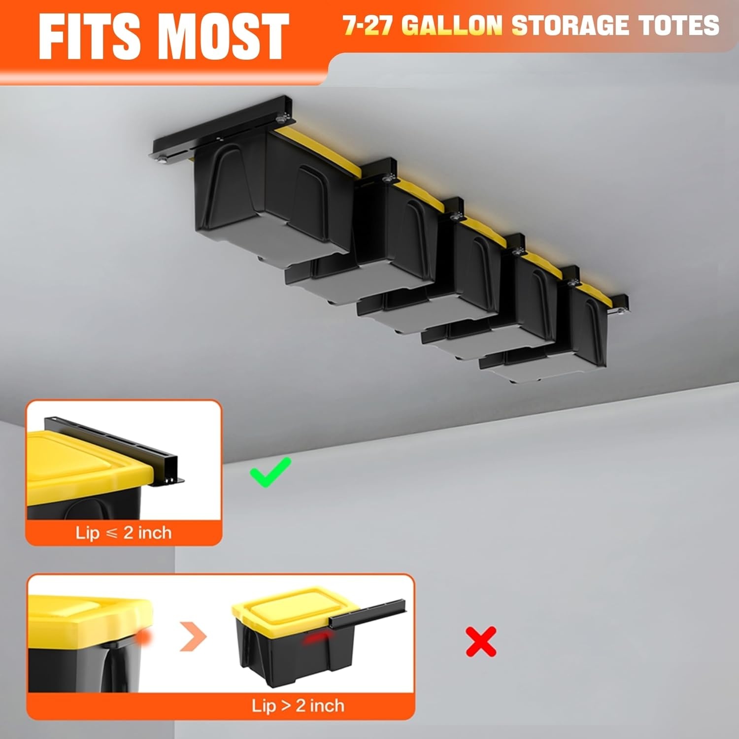 TORACK Garage Ceiling Bin Storage Rack, Adjustable Heavy Duty Overhead Tote Storage Rail System(for 5 Bins, Bins are not included)(for 5 bins)
