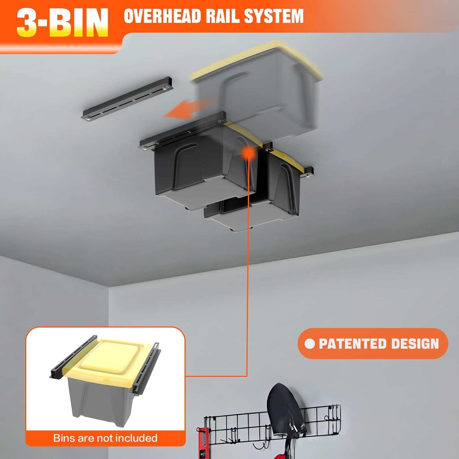 TORACK Garage Ceiling Bin Storage Rack, Adjustable Heavy Duty Overhead Tote Storage Rail System(for 5 Bins, Bins are not included)(for 3 bins)
