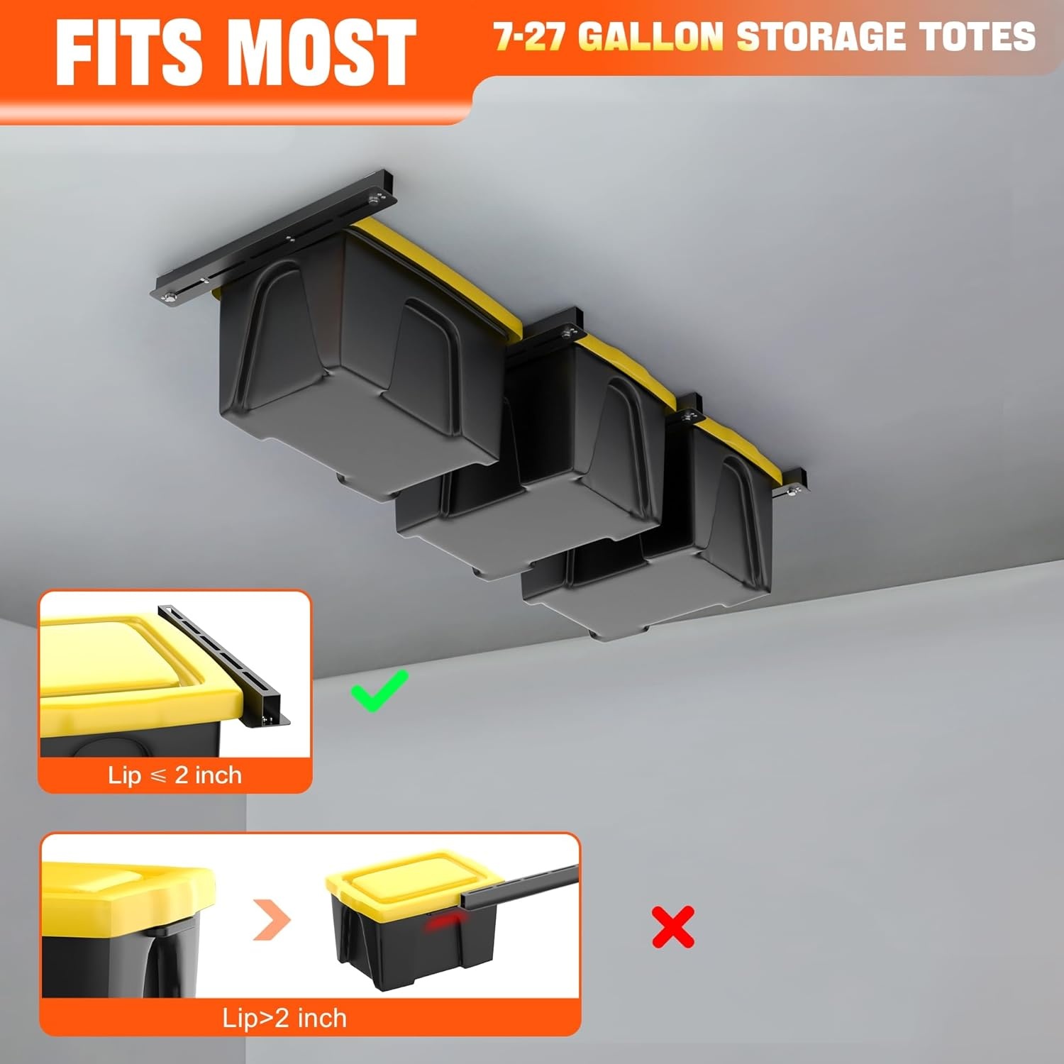 TORACK Garage Ceiling Bin Storage Rack, Adjustable Heavy Duty Overhead Tote Storage Rail System(for 5 Bins, Bins are not included)(for 3 bins)