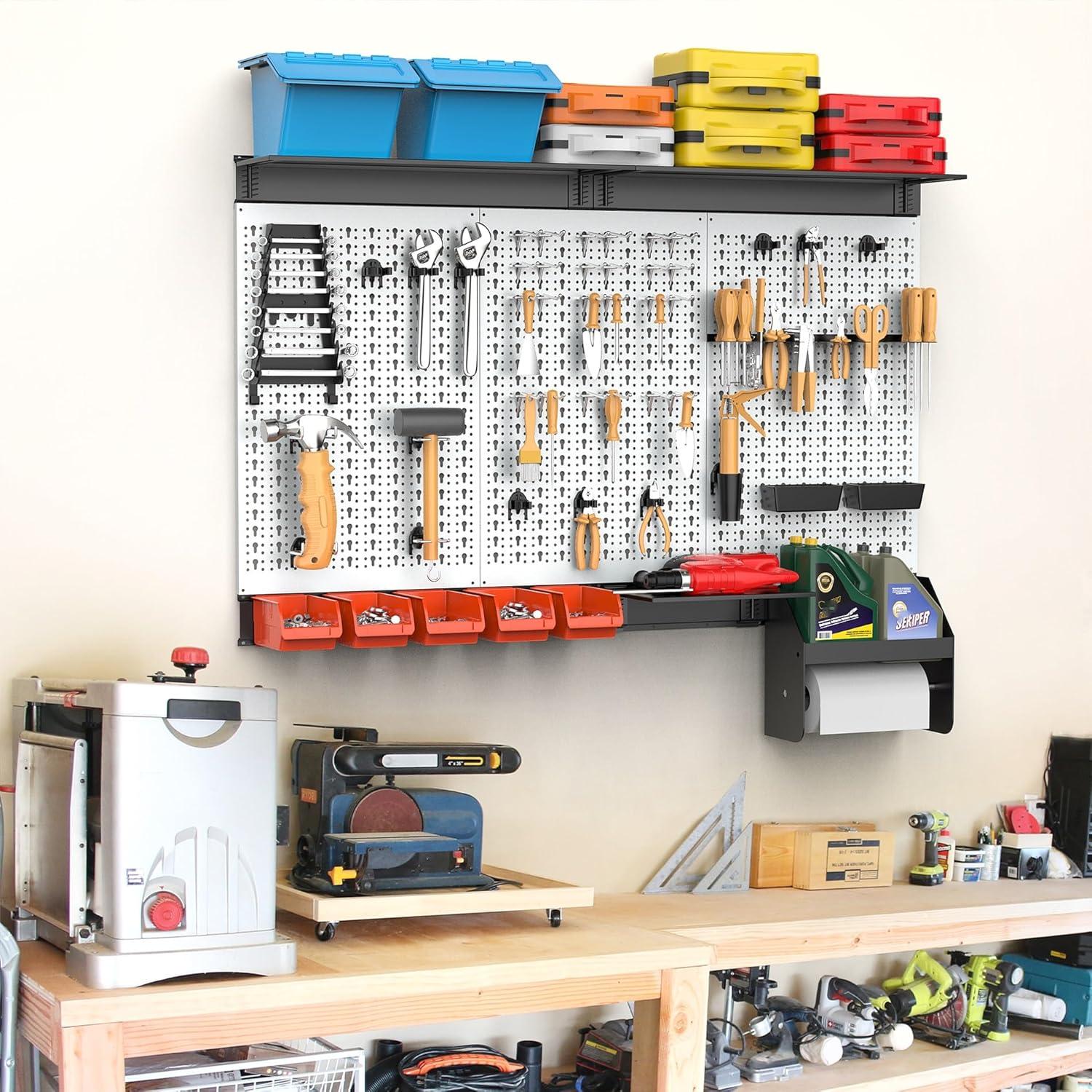 TORACK Pegboard Wall Organizer 4 ft. Garage Metal Pegboard Tool Organizer System, Tools Storage Peg Board Kit with Hooks and Accessories, Wall Mounted Storage Bins, Overhead Shelves(Grey)