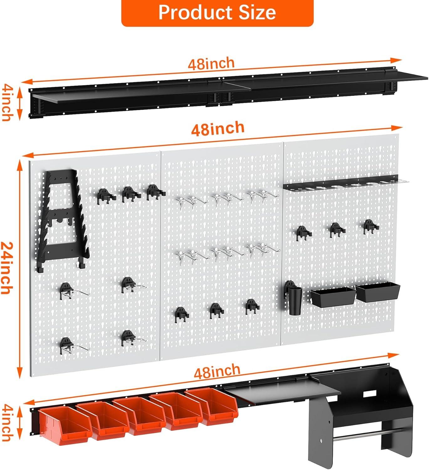 TORACK Pegboard Wall Organizer 4 ft. Garage Metal Pegboard Tool Organizer System, Tools Storage Peg Board Kit with Hooks and Accessories, Wall Mounted Storage Bins, Overhead Shelves(Grey)
