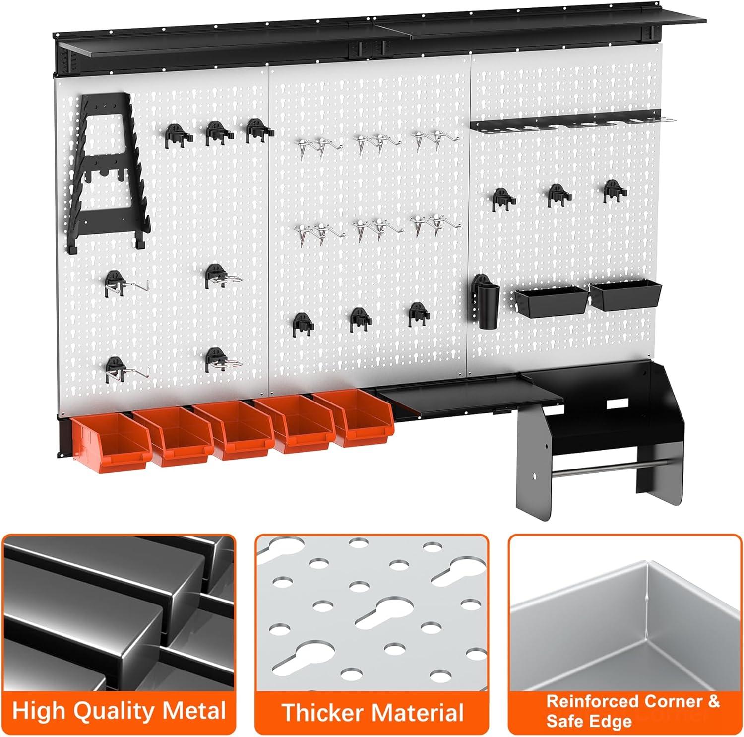 TORACK Pegboard Wall Organizer 4 ft. Garage Metal Pegboard Tool Organizer System, Tools Storage Peg Board Kit with Hooks and Accessories, Wall Mounted Storage Bins, Overhead Shelves(Grey)
