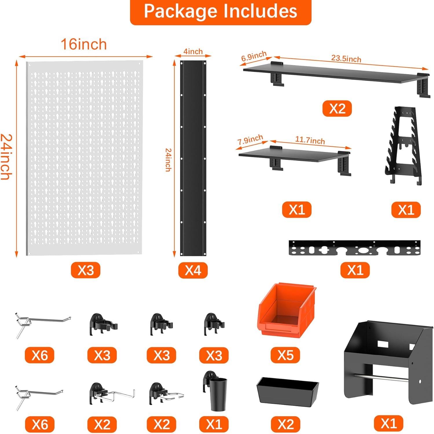 TORACK Pegboard Wall Organizer 4 ft. Garage Metal Pegboard Tool Organizer System, Tools Storage Peg Board Kit with Hooks and Accessories, Wall Mounted Storage Bins, Overhead Shelves(Grey)
