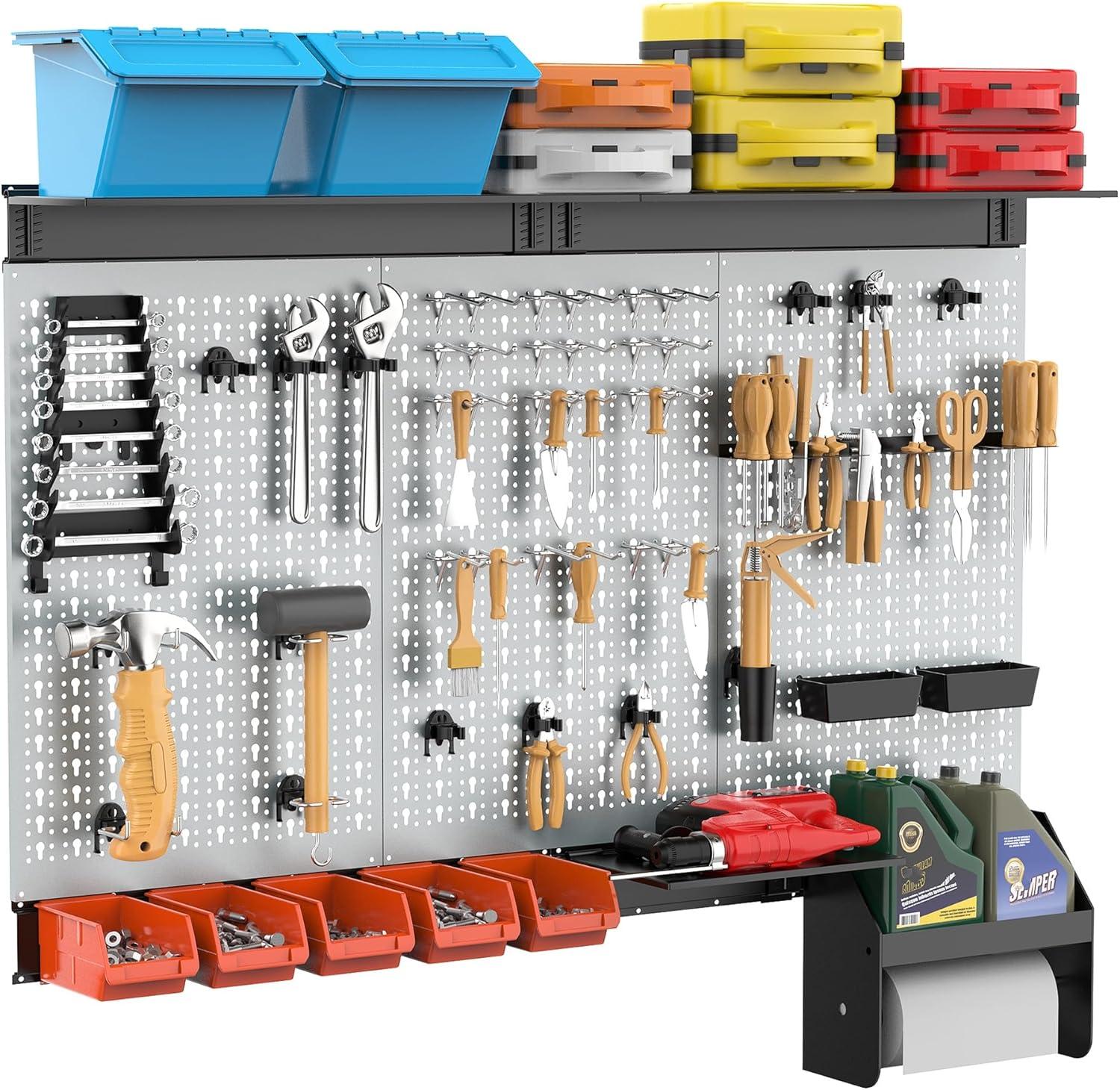 TORACK Pegboard Wall Organizer 4 ft. Garage Metal Pegboard Tool Organizer System, Tools Storage Peg Board Kit with Hooks and Accessories, Wall Mounted Storage Bins, Overhead Shelves(Grey)