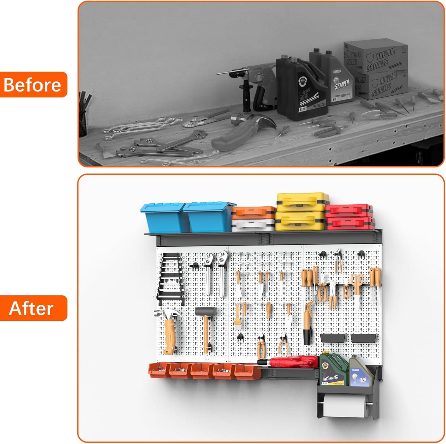 TORACK Pegboard Wall Organizer 4 ft. Garage Metal Pegboard Tool Organizer System, Tools Storage Peg Board Kit with Hooks and Accessories, Wall Mounted Storage Bins, Overhead Shelves(Grey)