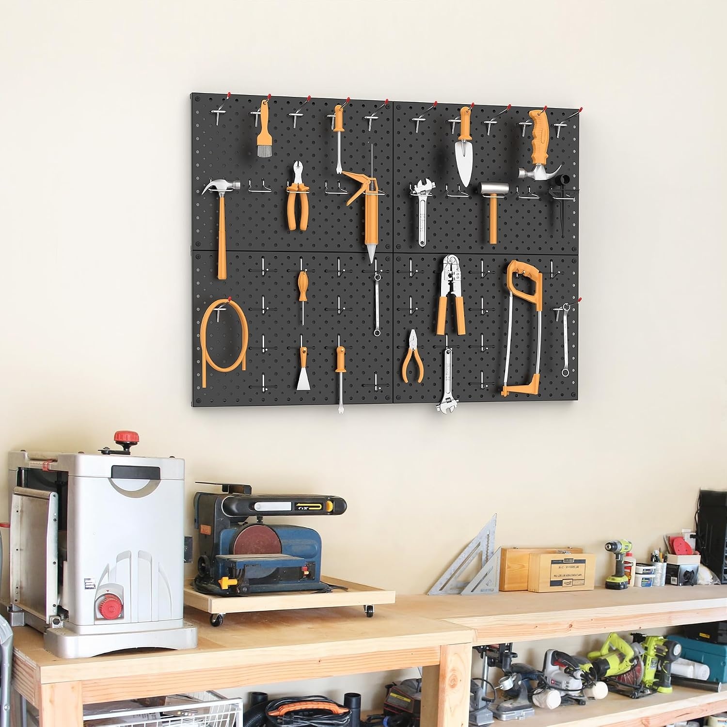 TORACK 4 PCS 12″x16″ Metal Pegboard Panels for Garage, Workbench, Shop, Tool Organizer Peg Board with 1/8″ & 1/4″ Holes, Modular Wall-Mounted Pegboard for Pegboard Hooks (Grey)(Black)
