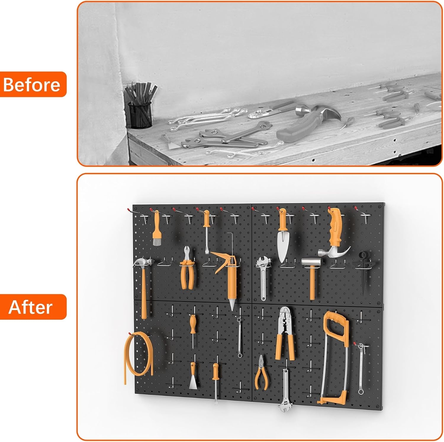TORACK 4 PCS 12″x16″ Metal Pegboard Panels for Garage, Workbench, Shop, Tool Organizer Peg Board with 1/8″ & 1/4″ Holes, Modular Wall-Mounted Pegboard for Pegboard Hooks (Grey)(Black)