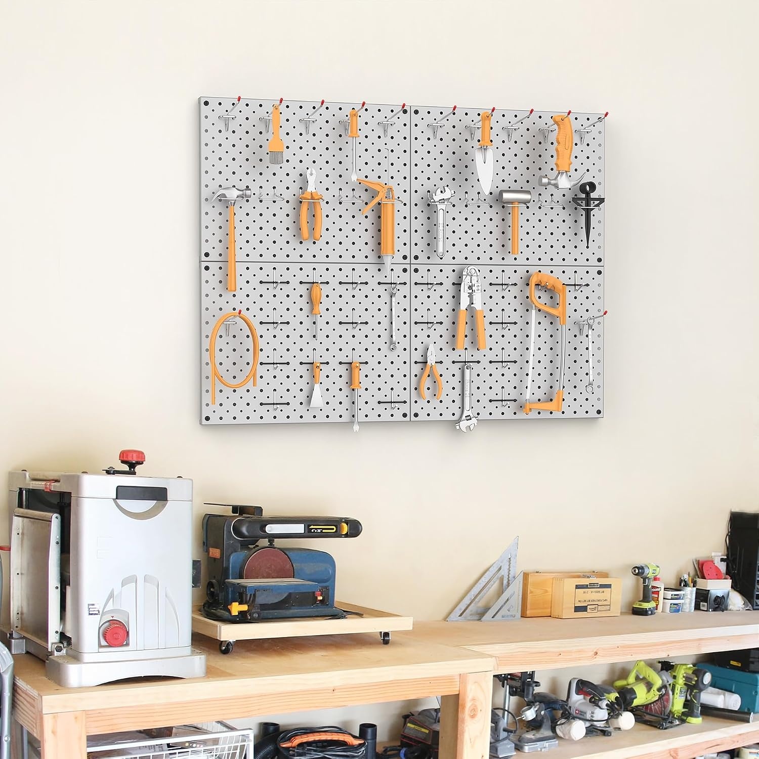 TORACK 4 PCS 12″x16″ Metal Pegboard Panels for Garage, Workbench, Shop, Tool Organizer Peg Board with 1/8″ & 1/4″ Holes, Modular Wall-Mounted Pegboard for Pegboard Hooks (Grey)(Gray)