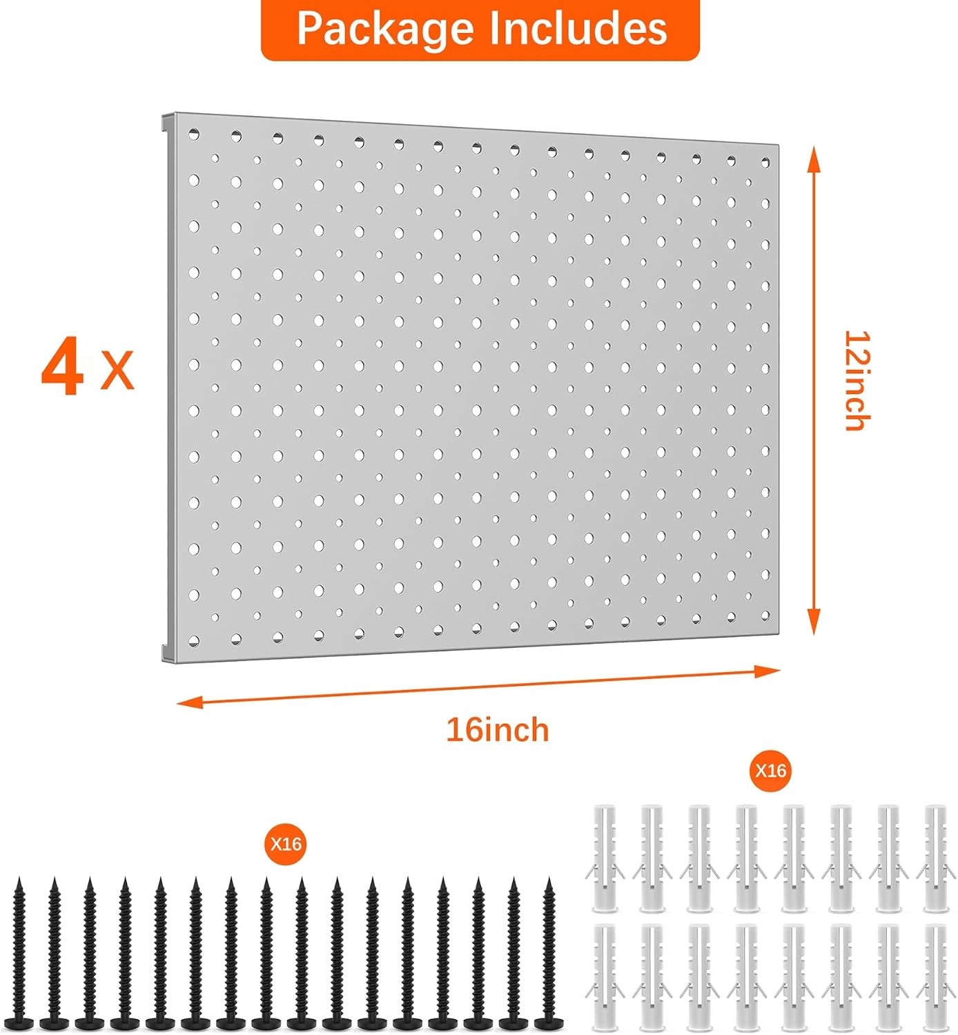 TORACK 4 PCS 12″x16″ Metal Pegboard Panels for Garage, Workbench, Shop, Tool Organizer Peg Board with 1/8″ & 1/4″ Holes, Modular Wall-Mounted Pegboard for Pegboard Hooks (Grey)(Gray)