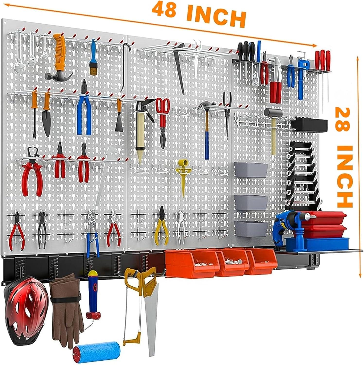 TORACK 109 PCS Pegboard Wall Organizer 4 ft. Garage Metal Pegboard Utility Tool Storage Kit w/Toolboard Hooks & Pegboard Hooks Accessories, Wall Mounted Storage Bins & Shelf(Grey)